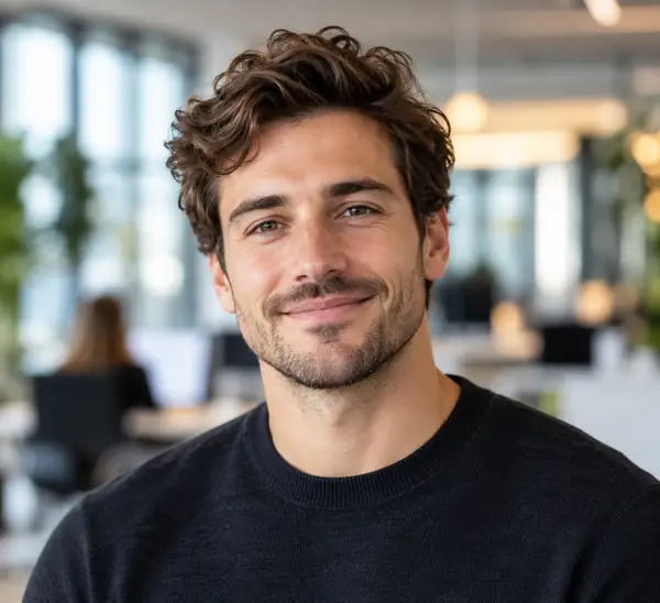 Man's headshot against a softly blurred modern office photograph
