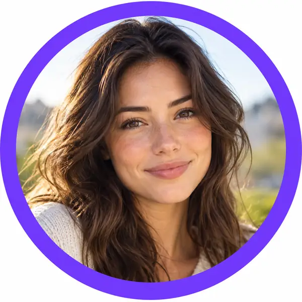 Woman's headshot centered inside a thick circular violet profile-picture frame