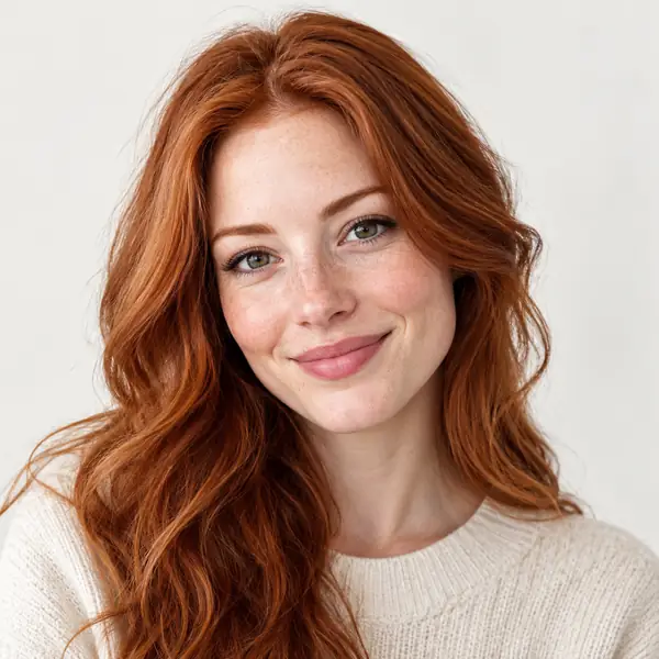 Clean portrait of a red-haired woman against a plain pale background