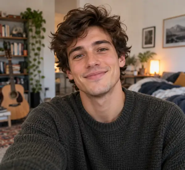 Casual young man photographed indoors against a lived-in home background