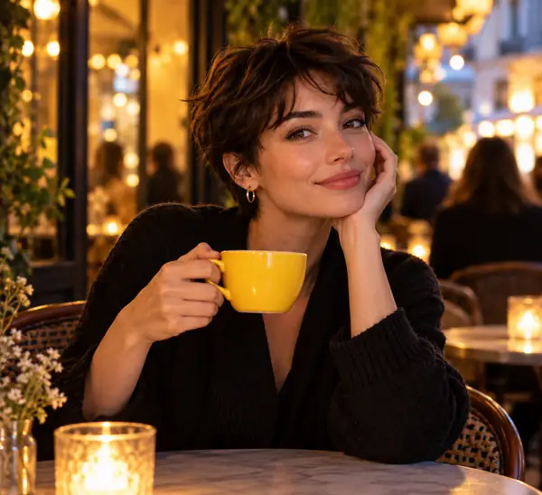 Short-haired woman holding a bright yellow cup at a warmly lit evening café