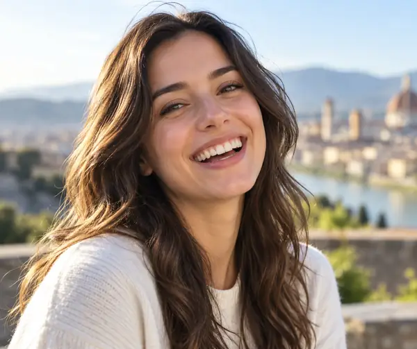 Laughing brunette woman photographed outdoors in soft flattering daylight