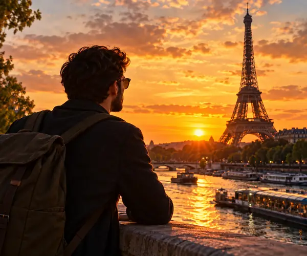 Man posing near the Eiffel Tower beside the Seine during a golden Paris sunset