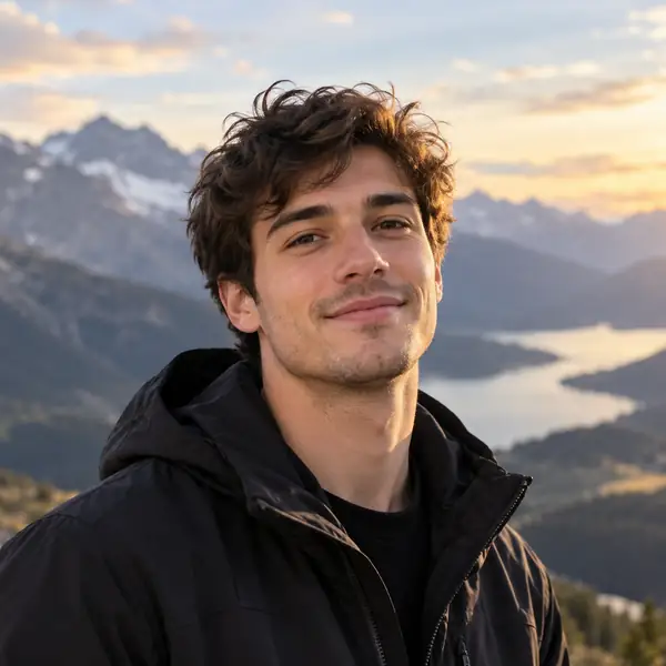 Young man in a dark jacket photographed against a softly blurred mountain landscape