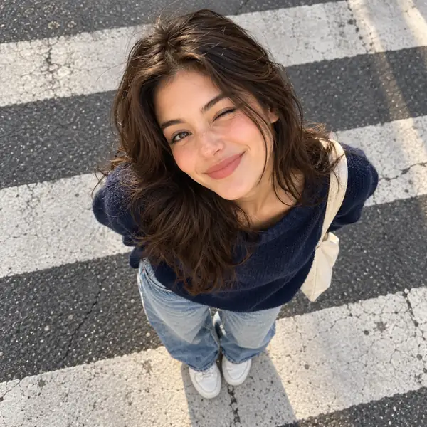 Playful overhead street portrait of a young woman in casual clothes on a crosswalk