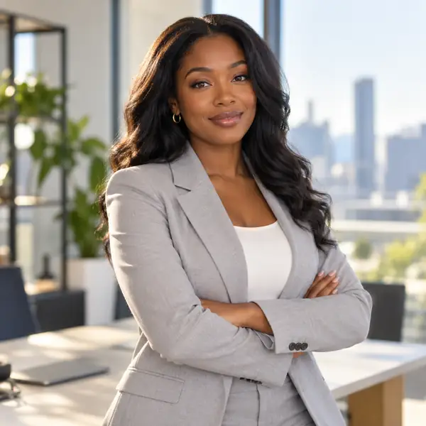 Black woman in a light grey business suit standing in a bright office, confident professional portrait