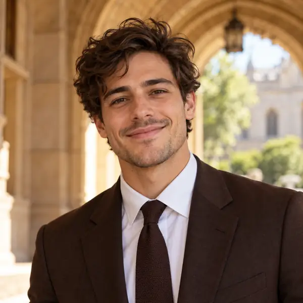 Smiling man in a dark brown suit photographed beneath a warm stone archway