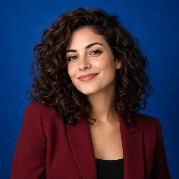 Curly-haired woman in a burgundy blazer against a rich blue studio backdrop