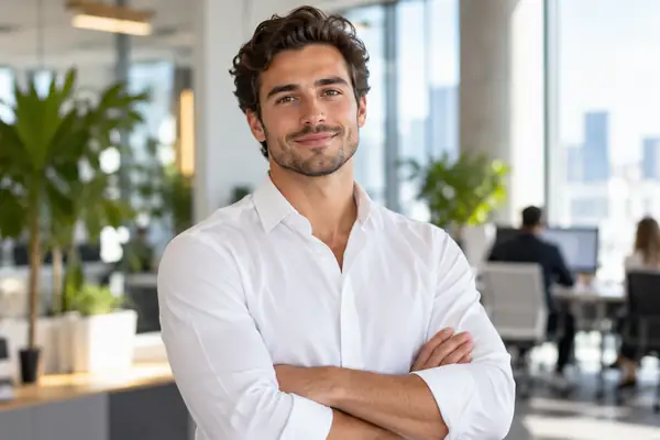 Man wearing a crisp white shirt with arms folded in a bright contemporary office