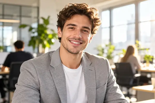 Friendly young man in a light grey blazer in a sunlit modern office