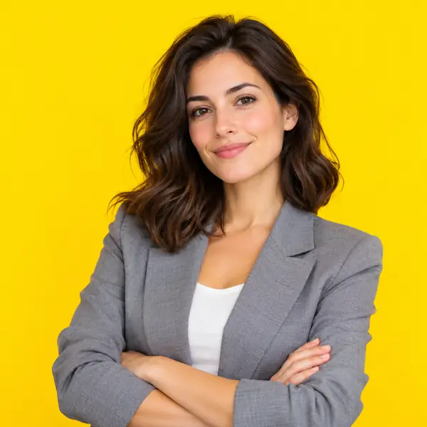 Woman in a grey blazer with arms folded against a vivid yellow studio background