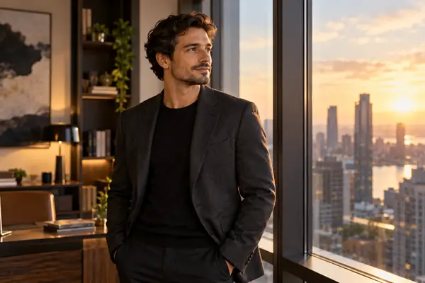 Man in a charcoal jacket standing beside a window in a polished office interior