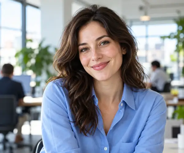 Smiling woman in a blue button-down shirt photographed in an airy workplace