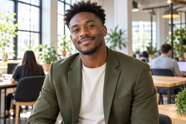 Young Black man in an olive blazer standing in a bright coworking space