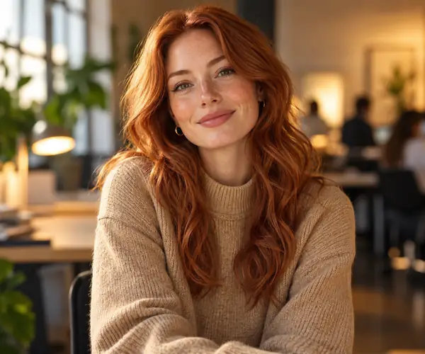 Red-haired woman in a tan sweater posing in a warmly lit professional interior
