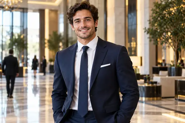 Smiling man in a navy business suit standing in a sophisticated lobby