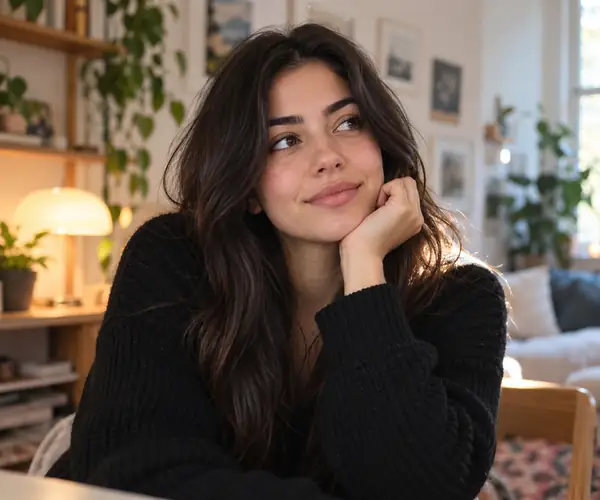 Thoughtful young woman with long dark hair seated at home in a black sweater