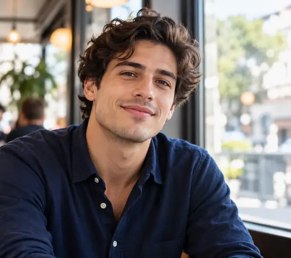 Young man with dark wavy hair in a navy shirt by a bright café window