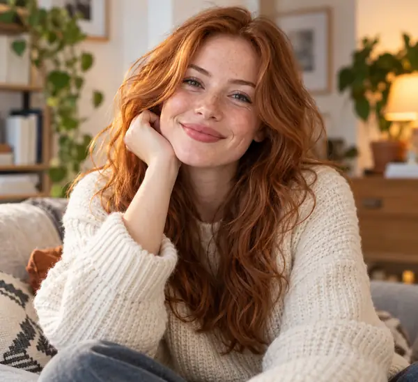 Smiling red-haired woman in a cream knit sweater seated comfortably at home