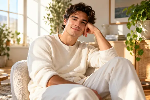 Relaxed young man in a cream outfit sitting in a sun-filled room
