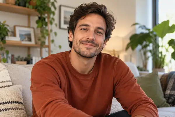 Friendly man in a rust-colored sweatshirt sitting in a casual living room
