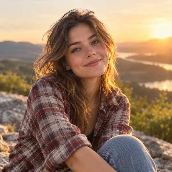 Young woman in a checked shirt sitting outdoors in warm afternoon sunlight