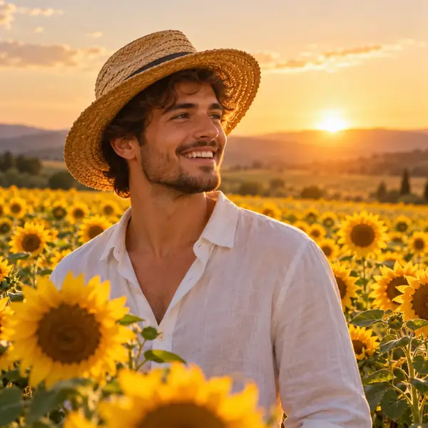 Man in a straw hat and white shirt standing in a golden sunflower field